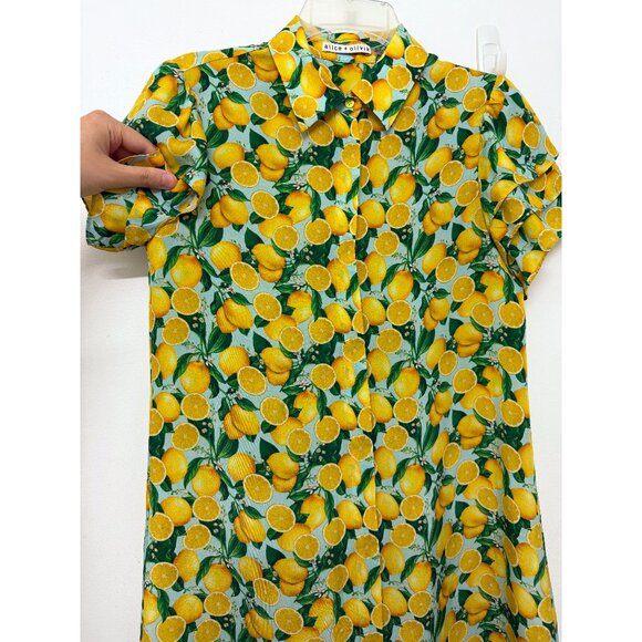 Alice + Olivia Jem Mini Shirt Dress Lemon Squeeze Print Floral Fruit Blue S - Picture 7 of 16